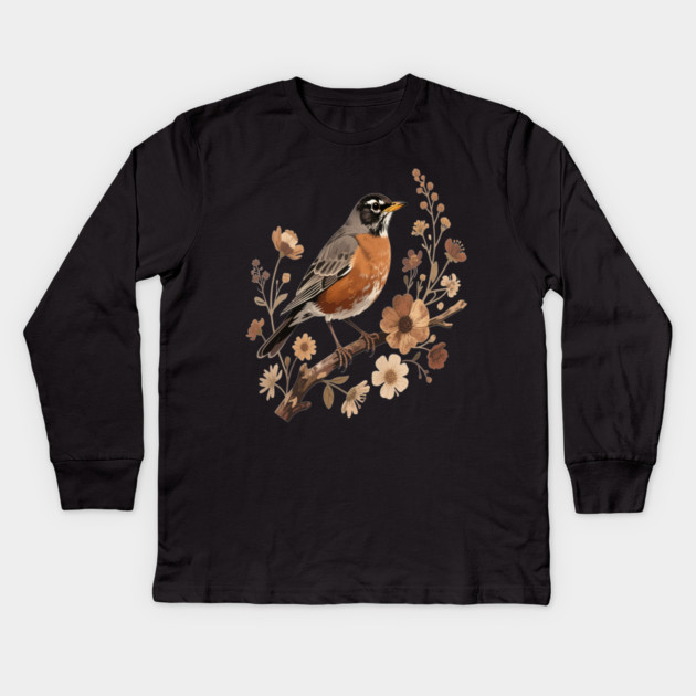 American Robin with Beige Flowers Bird Nature Design Kids Long Sleeve T-Shirt by BirdsnStuff