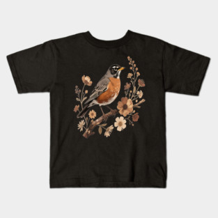 American Robin with Beige Flowers Bird Nature Design Kids T-Shirt