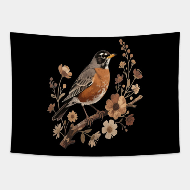American Robin with Beige Flowers Bird Nature Design Tapestry by BirdsnStuff