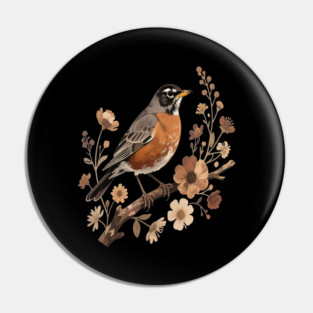American Robin with Beige Flowers Bird Nature Design Pin