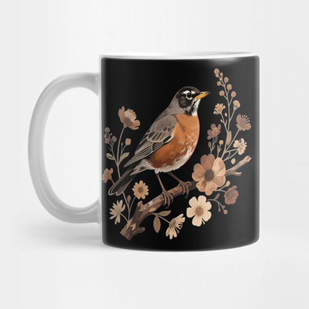 American Robin with Beige Flowers Bird Nature Design by BirdsnStuff