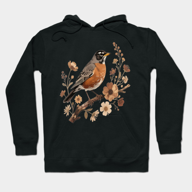 American Robin with Beige Flowers Bird Nature Design Hoodie by BirdsnStuff