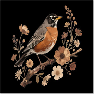 American Robin with Beige Flowers Bird Nature Design Posters and Art