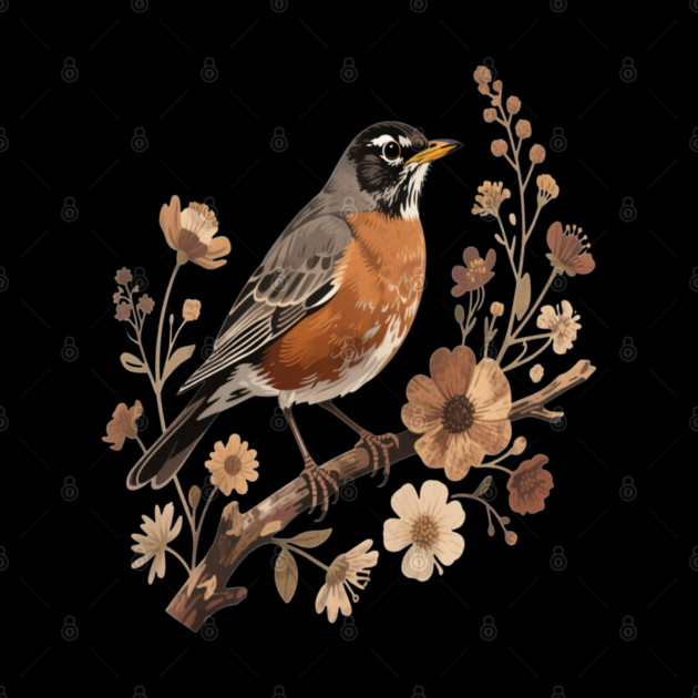 American Robin with Beige Flowers Bird Nature Design by BirdsnStuff
