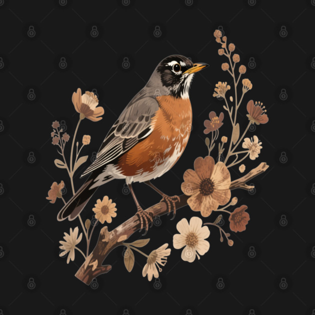 American Robin with Beige Flowers Bird Nature Design by BirdsnStuff