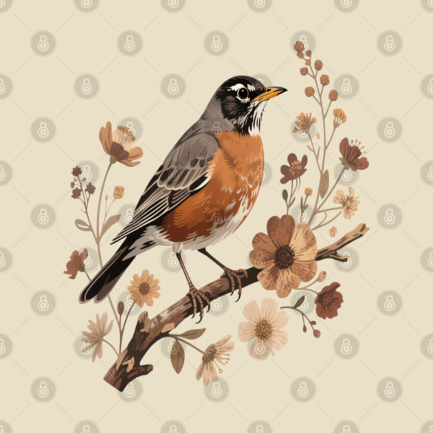 American Robin with Beige Flowers Bird Nature Design by BirdsnStuff