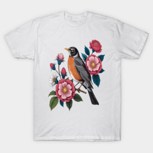 American Robin with Pink Flowers Bird Nature Design T-Shirt
