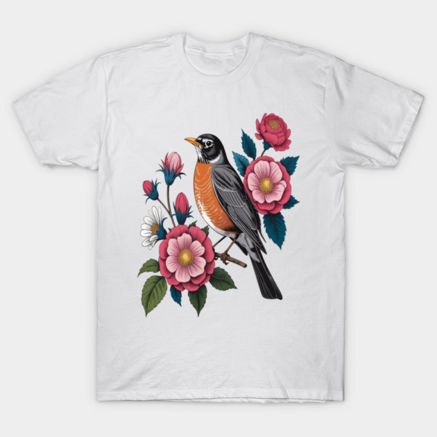 American Robin with Pink Flowers Bird Nature Design T-Shirt by BirdsnStuff