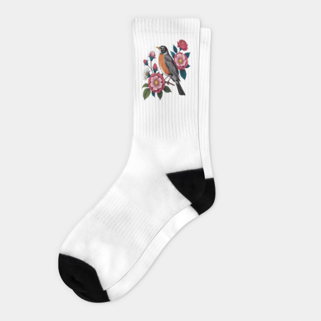 American Robin with Pink Flowers Bird Nature Design Socks by BirdsnStuff
