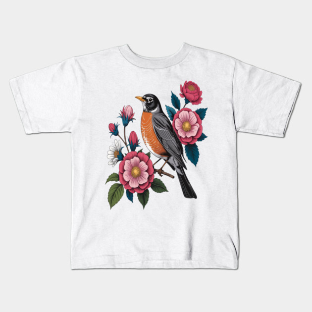 American Robin with Pink Flowers Bird Nature Design Kids T-Shirt by BirdsnStuff