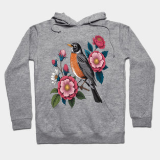 American Robin with Pink Flowers Bird Nature Design Hoodie
