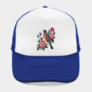 American Robin with Pink Flowers Bird Nature Design Hat