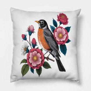 American Robin with Pink Flowers Bird Nature Design Pillow