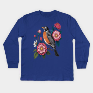 American Robin with Pink Flowers Bird Nature Design Kids Long Sleeve T-Shirt