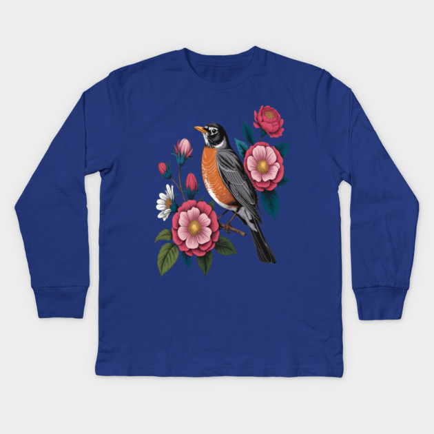 American Robin with Pink Flowers Bird Nature Design Kids Long Sleeve T-Shirt by BirdsnStuff