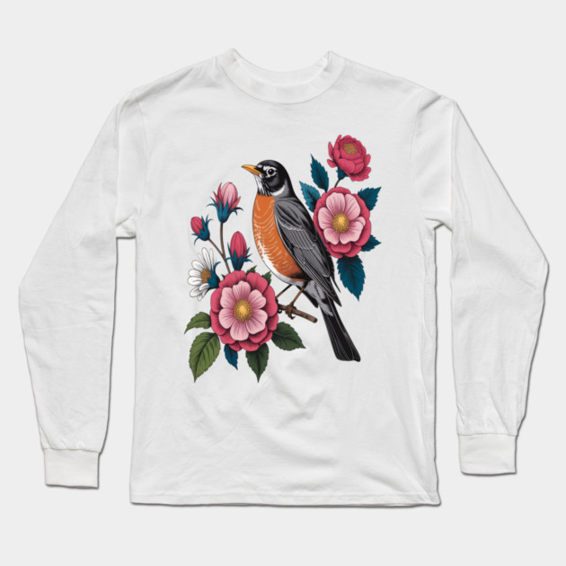 American Robin with Pink Flowers Bird Nature Design Long Sleeve T-Shirt by BirdsnStuff