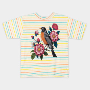 American Robin with Pink Flowers Bird Nature Design Kids T-Shirt