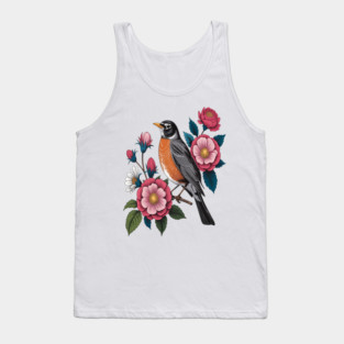 American Robin with Pink Flowers Bird Nature Design Tank Top