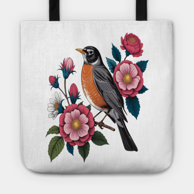 American Robin with Pink Flowers Bird Nature Design Tote by BirdsnStuff