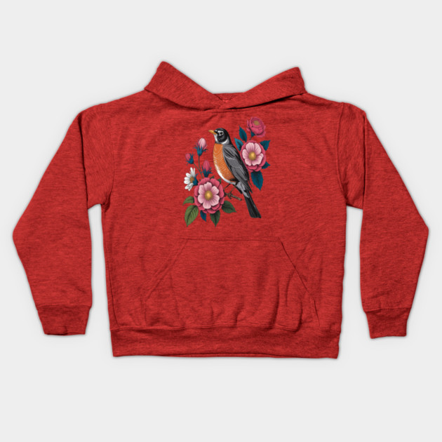 American Robin with Pink Flowers Bird Nature Design Kids Hoodie by BirdsnStuff
