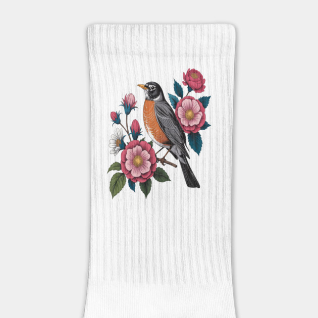 American Robin with Pink Flowers Bird Nature Design by BirdsnStuff