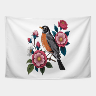 American Robin with Pink Flowers Bird Nature Design Tapestry