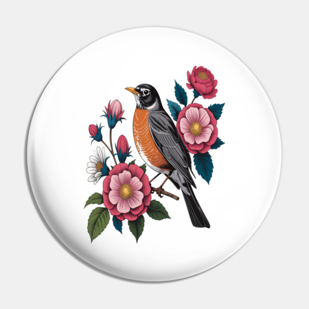 American Robin with Pink Flowers Bird Nature Design Pin by BirdsnStuff