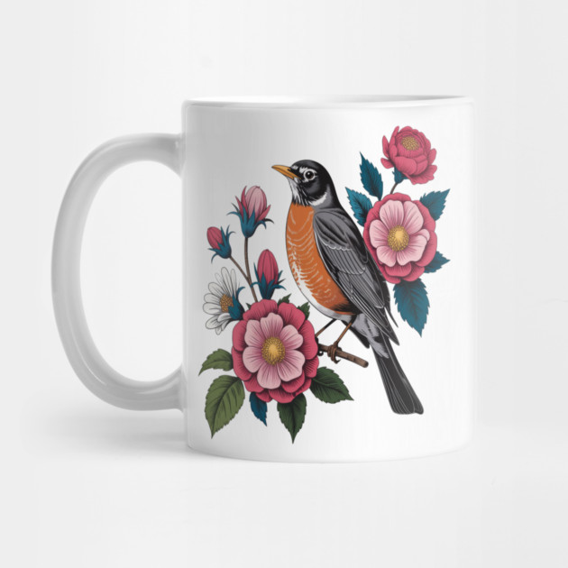 American Robin with Pink Flowers Bird Nature Design by BirdsnStuff