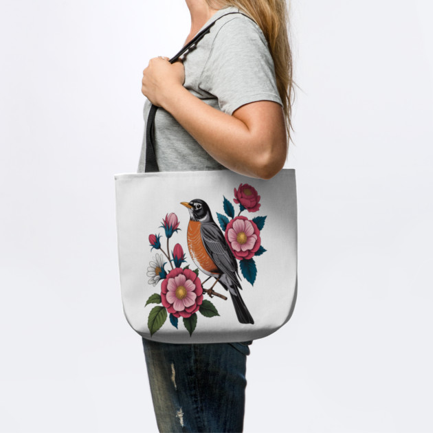 American Robin with Pink Flowers Bird Nature Design by BirdsnStuff