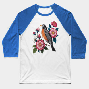 American Robin with Pink Flowers Bird Nature Design Baseball T-Shirt