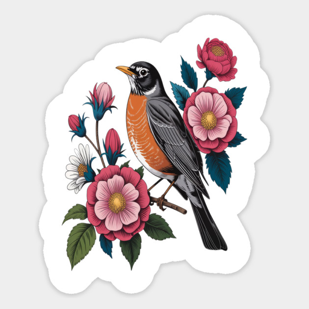 American Robin with Pink Flowers Bird Nature Design Magnet by BirdsnStuff