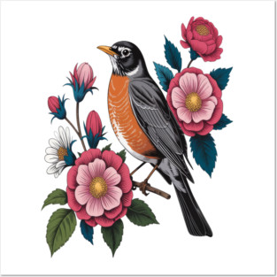 American Robin with Pink Flowers Bird Nature Design Posters and Art