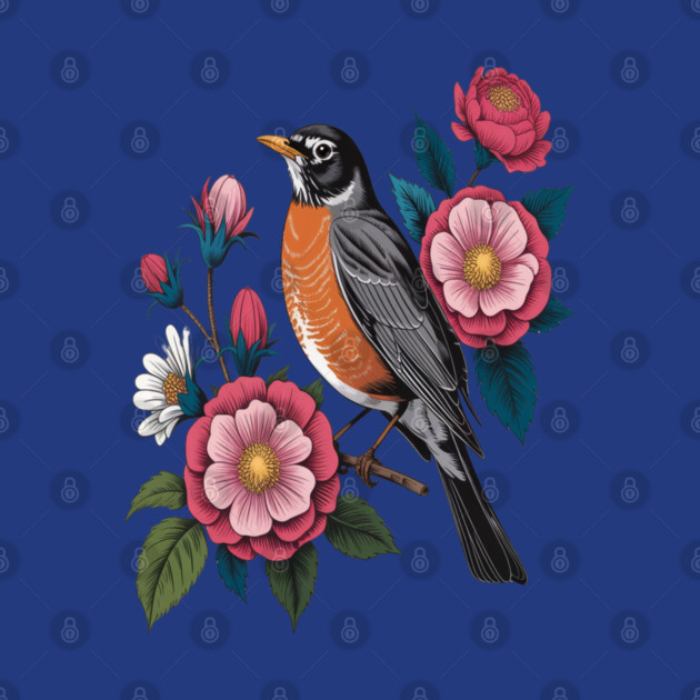 American Robin with Pink Flowers Bird Nature Design by BirdsnStuff