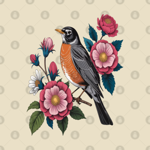 American Robin with Pink Flowers Bird Nature Design by BirdsnStuff