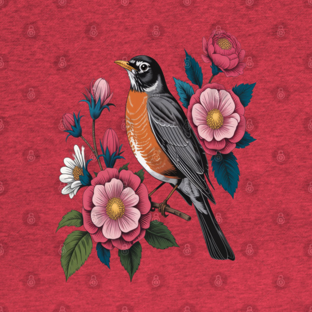 American Robin with Pink Flowers Bird Nature Design by BirdsnStuff