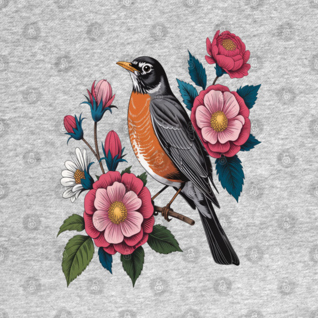 American Robin with Pink Flowers Bird Nature Design by BirdsnStuff