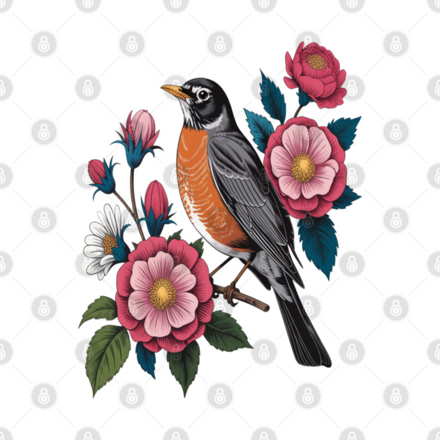 American Robin with Pink Flowers Bird Nature Design by BirdsnStuff