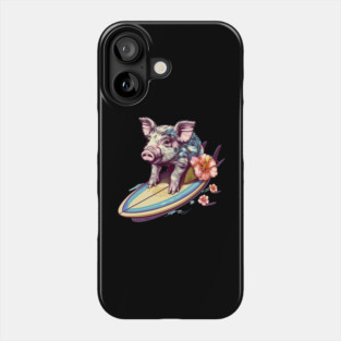 Surfing Pig with Hibiscus Flower Hawaii Beach Design Phone Case