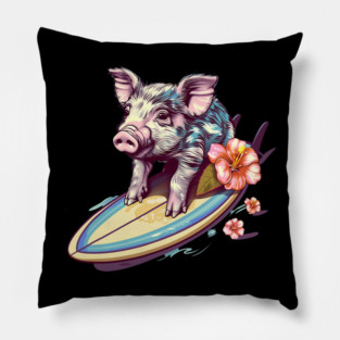 Surfing Pig with Hibiscus Flower Hawaii Beach Design Pillow