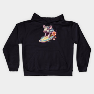 Surfing Pig with Hibiscus Flower Hawaii Beach Design Kids Hoodie