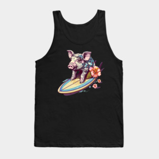 Surfing Pig with Hibiscus Flower Hawaii Beach Design Tank Top