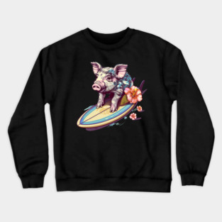 Surfing Pig with Hibiscus Flower Hawaii Beach Design Crewneck Sweatshirt