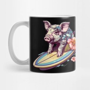 Surfing Pig with Hibiscus Flower Hawaii Beach Design Mug