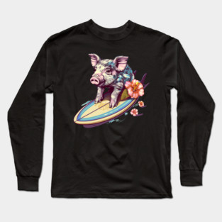 Surfing Pig with Hibiscus Flower Hawaii Beach Design Long Sleeve T-Shirt