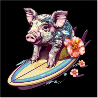 Surfing Pig with Hibiscus Flower Hawaii Beach Design Posters and Art