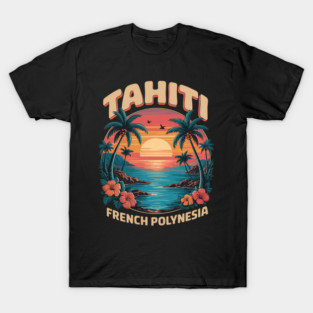 Tahiti French Polynesia, Tropical Sunset Palm Tree And Ocean T-Shirt