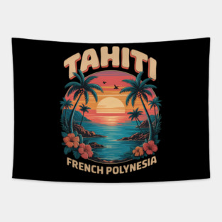 Tahiti French Polynesia, Tropical Sunset Palm Tree And Ocean Tapestry