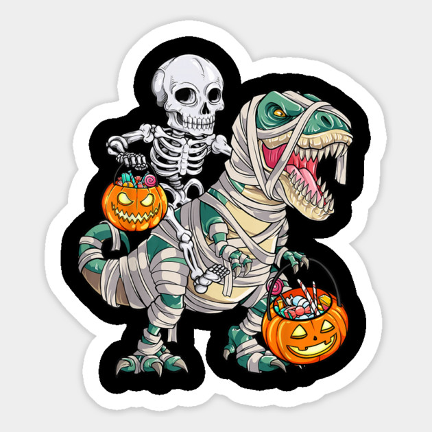 Skeleton Riding Mummy Dinosaur T rex Halloween Magnet by DiffusArt