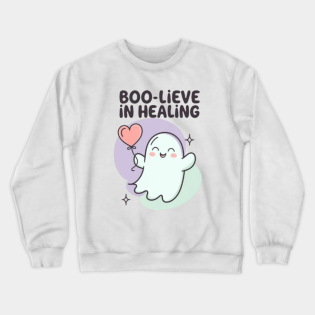 Boo-lieve in Healing – Pastel Ghost Mental Health Halloween Crewneck Sweatshirt by Fauzi's Store
