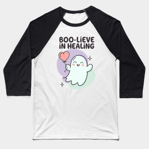 Boo-lieve in Healing – Pastel Ghost Mental Health Halloween Baseball T-Shirt by Fauzi's Store